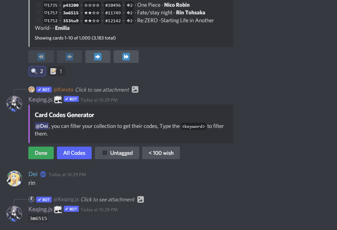 Card codes filter