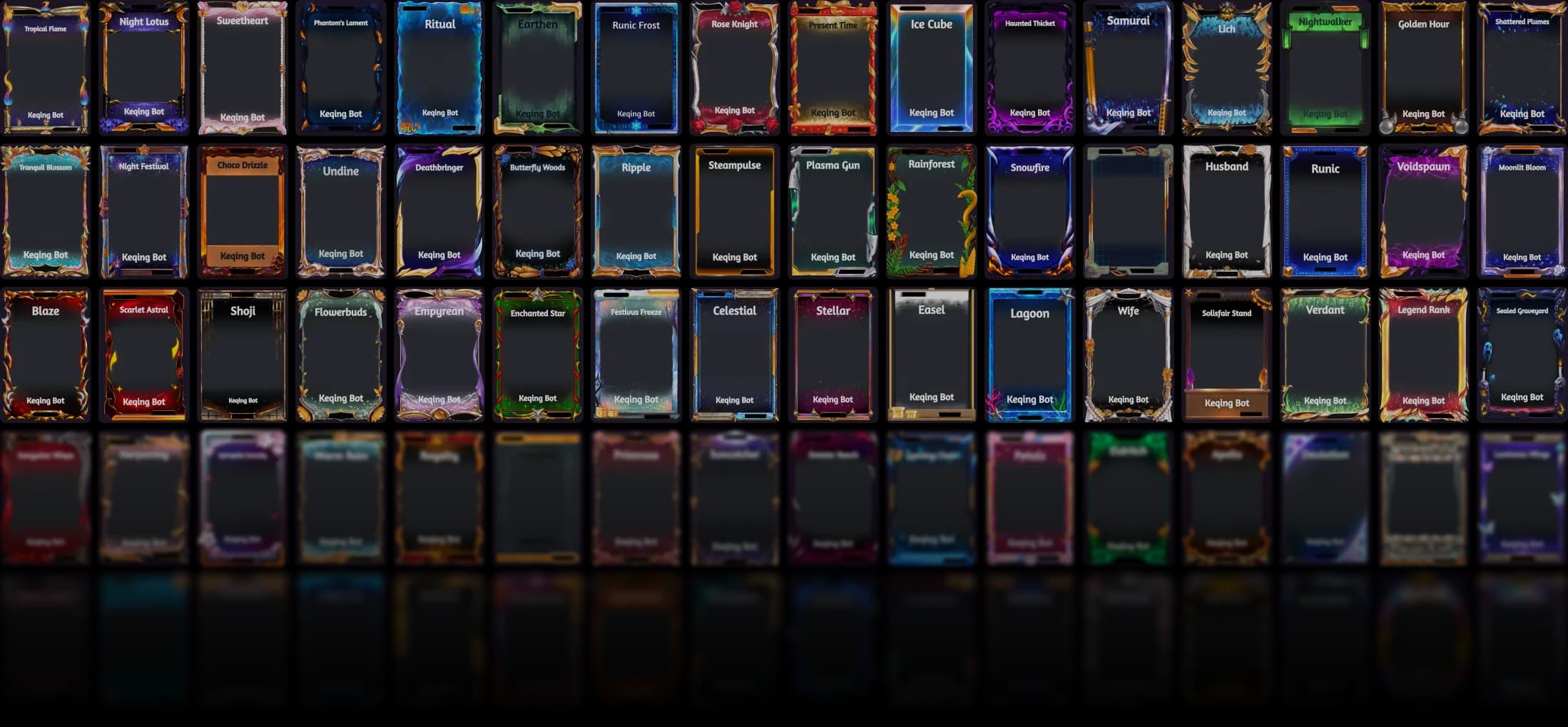 A wall of transparent Karuta frames, fading out row by row.