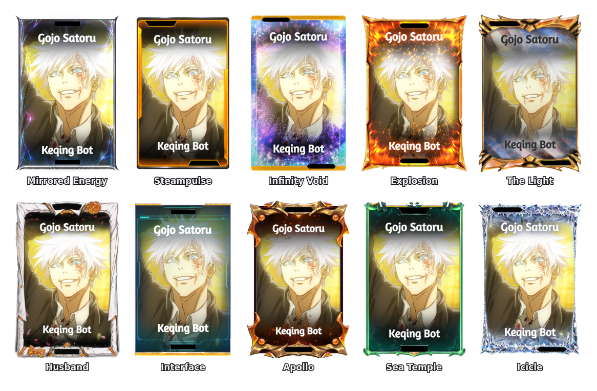Gojo Satoru in Mirrored Energy, Steampulse, Infinity Void, Explosion, The Light, Husband, Interface, Apollo, Sea Temple and Icicle frames