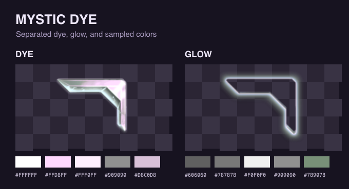 Mystic Ice Cold, split into its dye and its glow, each with five sampled colours